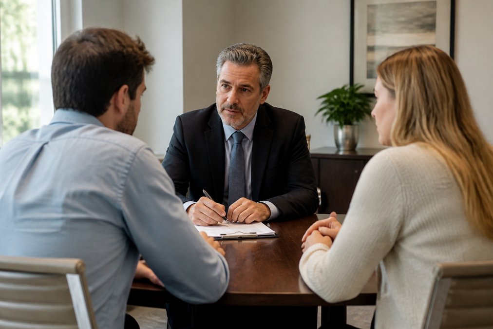 Professional mediator meeting with two parents across a table in a neutral office setting, discussing custody arrangements with calm expressions