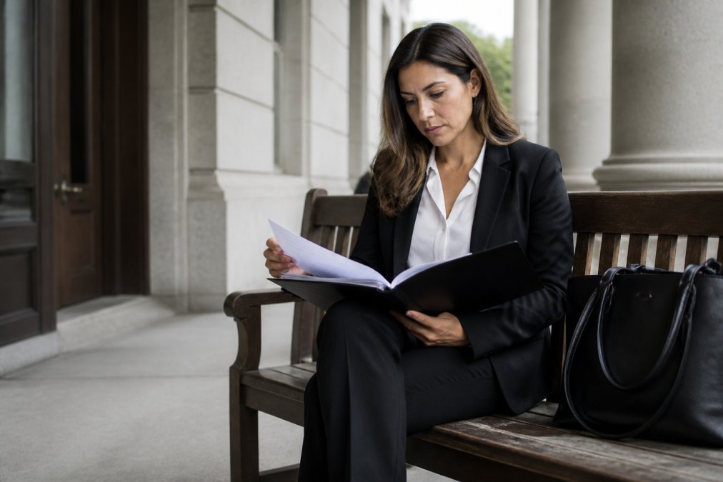 A parent in professional attire reviewing documents on a bench outside a courthouse hallway, natural light, calm but focused expression