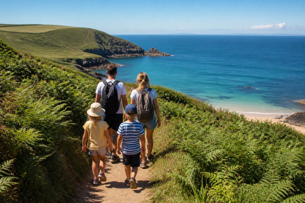 Family with young children walking along the South West Coast Path on a sunny day with coastal views and beach access visible in the background