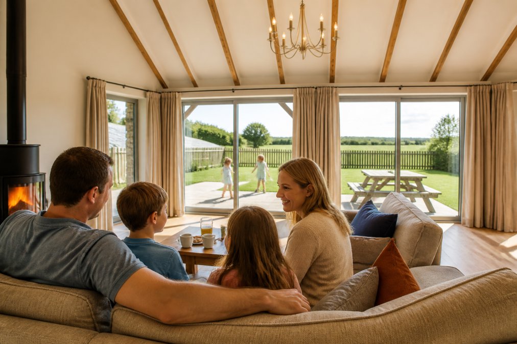 Spacious, bright interior of a converted barn with comfortable seating, family gathered together, children playing safely in an enclosed garden visible through windows