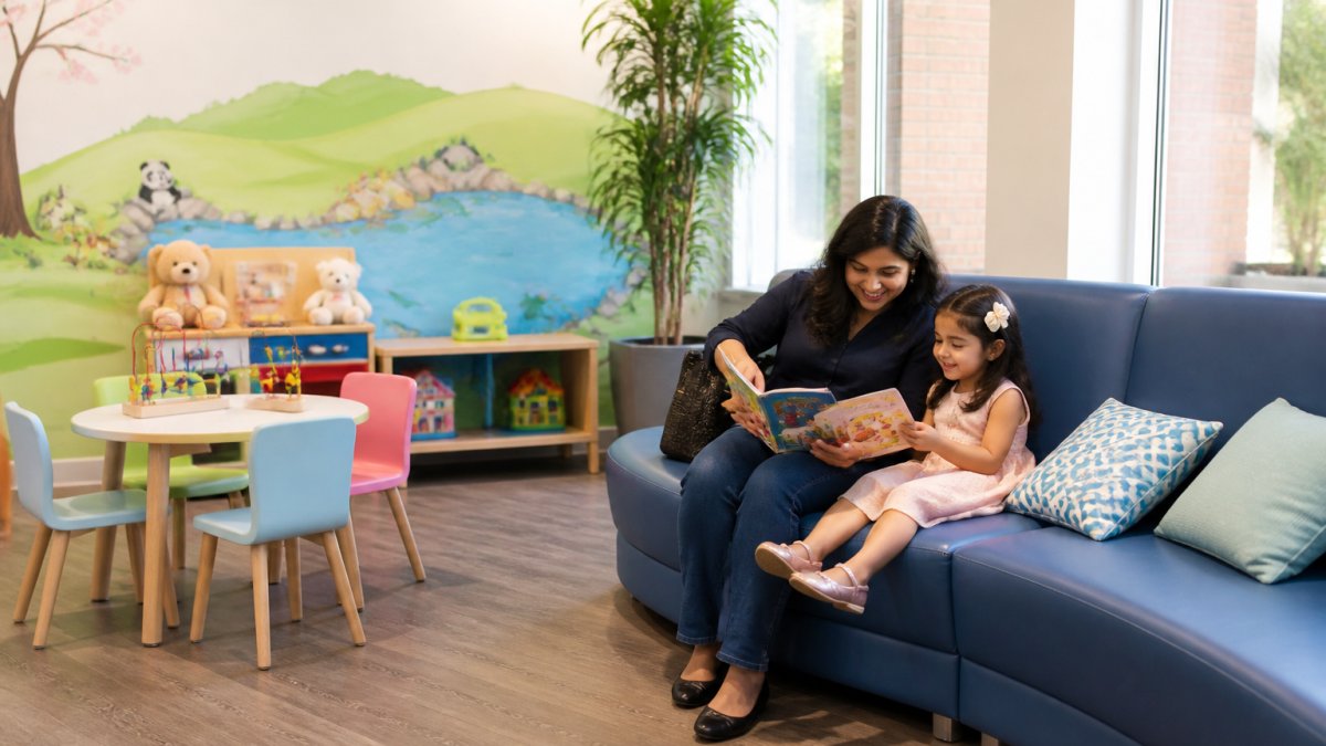 A bright pediatric dental office waiting room with a small play table, colorful wall murals, child-sized chairs, and a parent and young child reading a book together A bright pediatric dental office waiting room with a small play table, colorful wall murals, child-sized chairs, and a parent and young child reading a book together