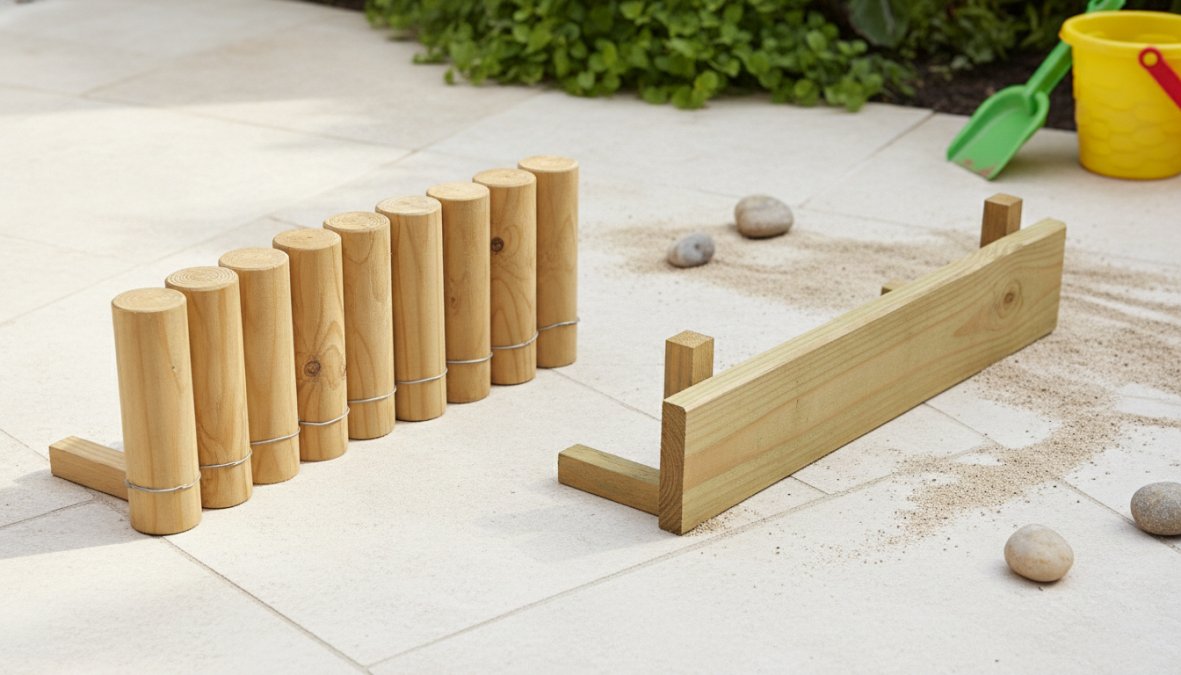 Vibrant residential garden with children playing safely on different paving surfaces, rubber tiles near a swing set, porcelain pavers on a patio, and gravel path with wooden edging