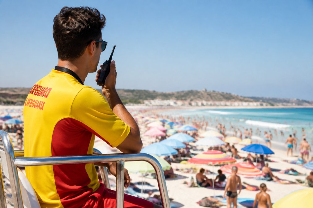A close-up of a lifeguard in a red and yellow uniform scanning a crowded beach from a high chair, holding a radio, with bright sunlight and umbrellas in the background