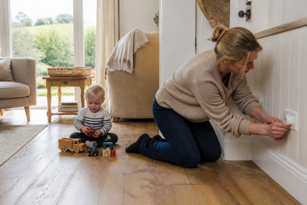 A parent kneeling on a cottage floor fitting a plug socket cover while a toddler plays safely nearby with toys, soft daylight through a window, realistic UK holiday cottage interior