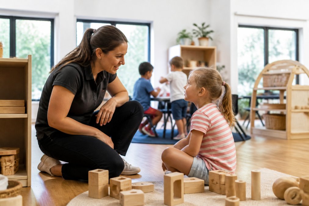An educator kneeling to talk with a child, building a child safe culture through meaningful connection.