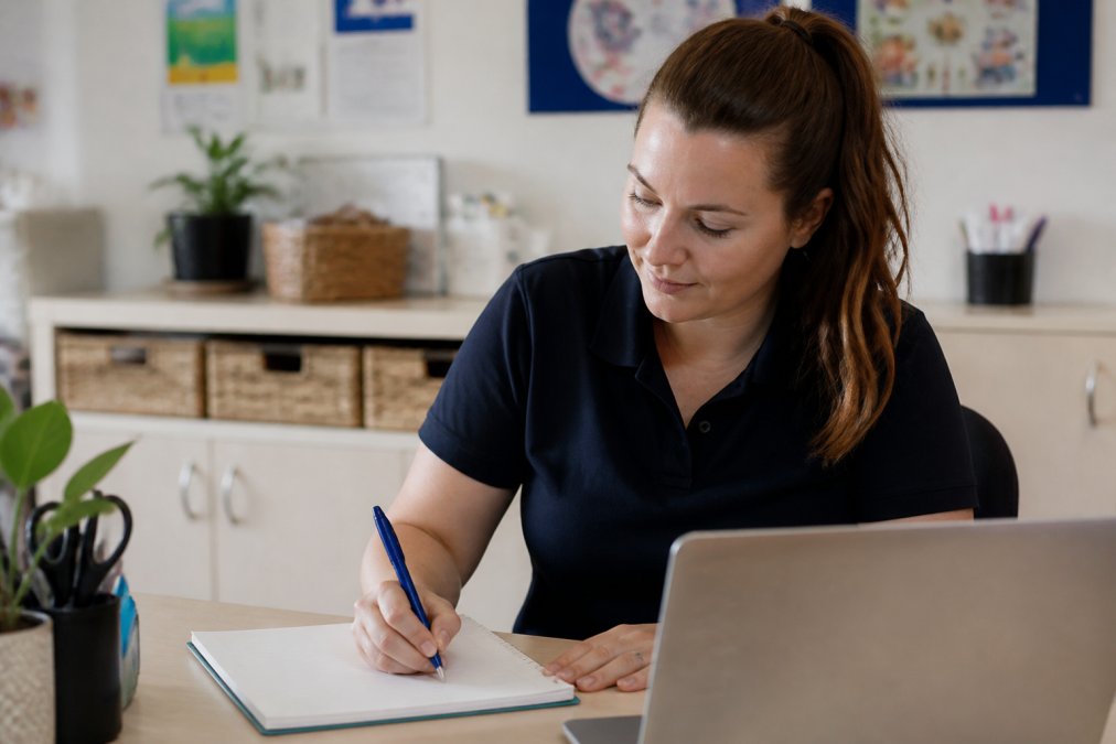 An early childhood educator sitting at a desk with a notepad, writing documentation while glancing at a computer screen in a bright, calm office environment