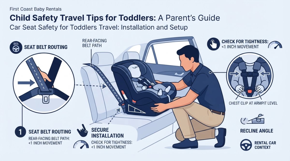 Professional illustration showing child safety travel tips