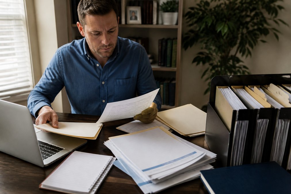 Professional at a desk organizing financial documents and employment records, with a laptop, filing folders, and termination letter visible in natural office lighting