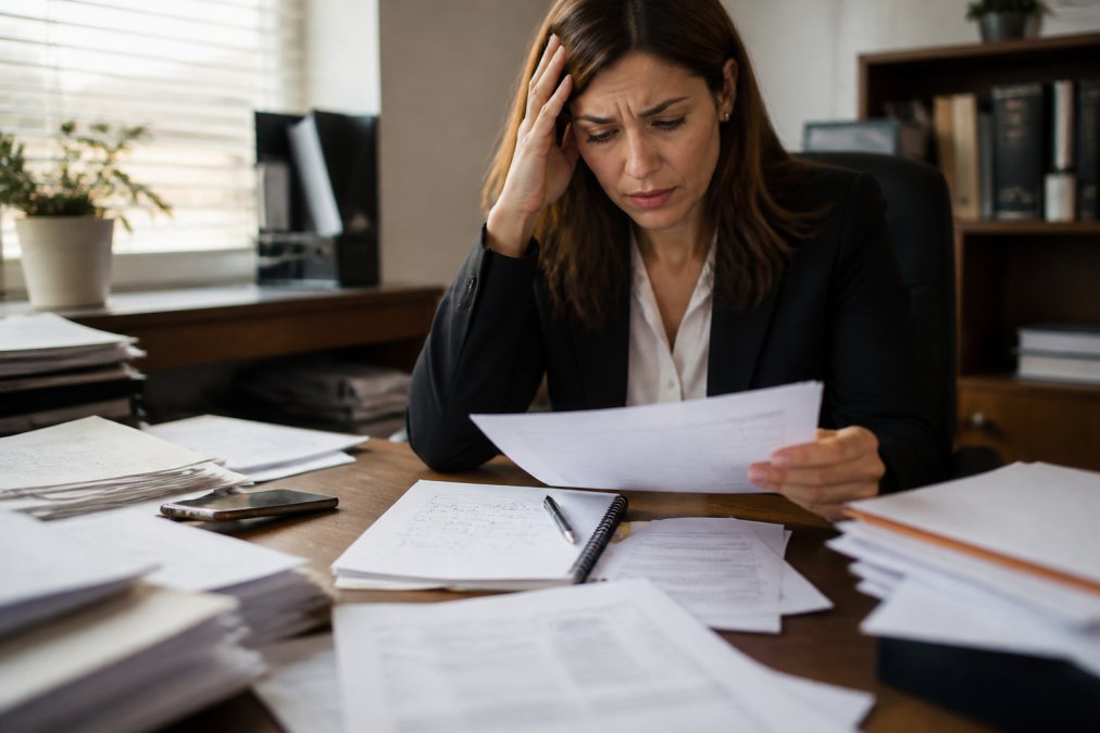 Professional with a concerned expression reviewing legal documents and a calendar at a desk, with a phone and notes visible in soft office lighting