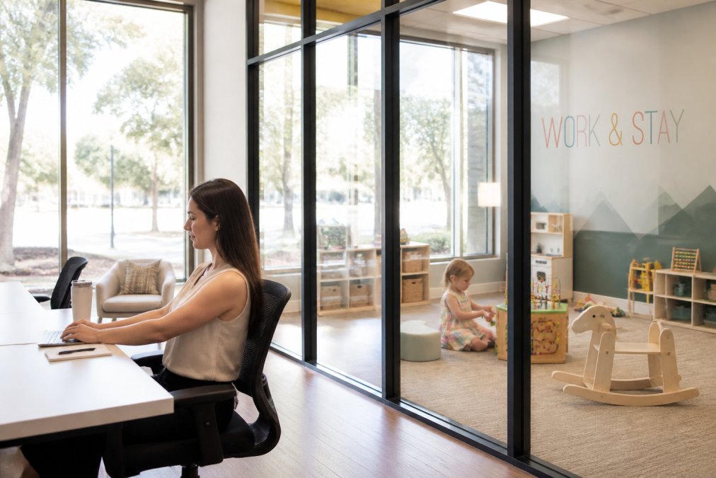 Parent working at a modern desk in a bright coworking space with large windows, while supervising a toddler playing safely in a nearby colorful play area separated by glass panels, both in natural daylight