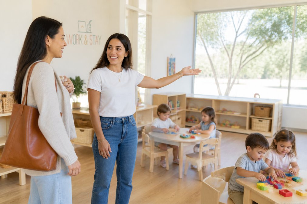Parent touring a bright, clean childcare facility with a staff member showing them colorful learning spaces, age-appropriate toys, and children engaged in structured activities, natural light streaming through windows