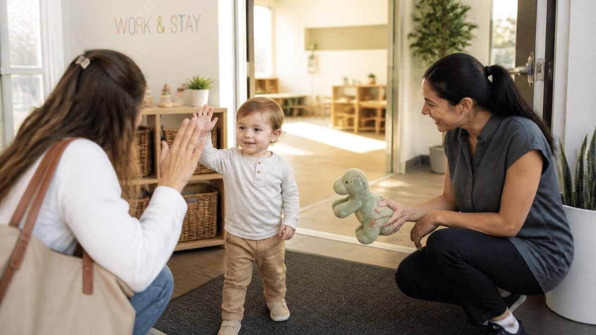 Toddler waving goodbye to a parent at a childcare for 18 month old toddlers facility with a smiling caregiver.