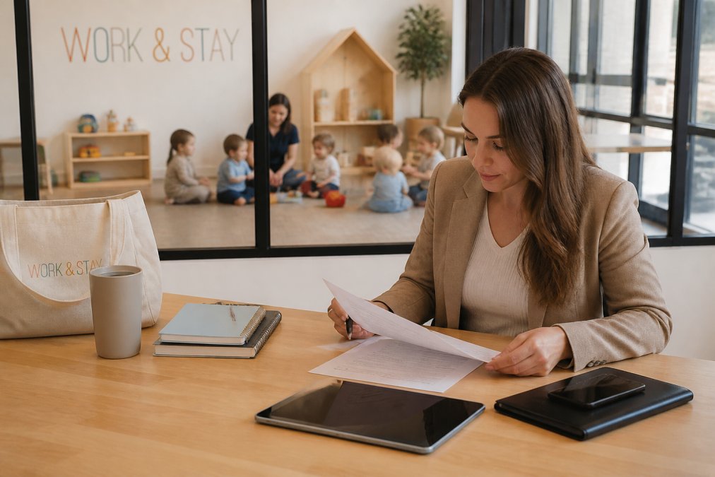 A prospective franchise owner reviewing documents and a tablet at a bright coworking desk, with a supervised play area visible through a glass partition behind them