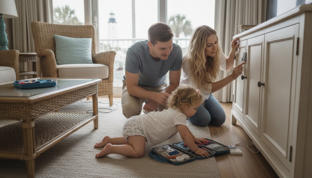 Parent checking electrical outlets and corners in a bright vacation rental living room while toddler plays safely nearby