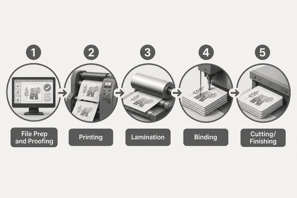 Five-stage flowchart illustrating the board book manufacturing process for children's book printing.