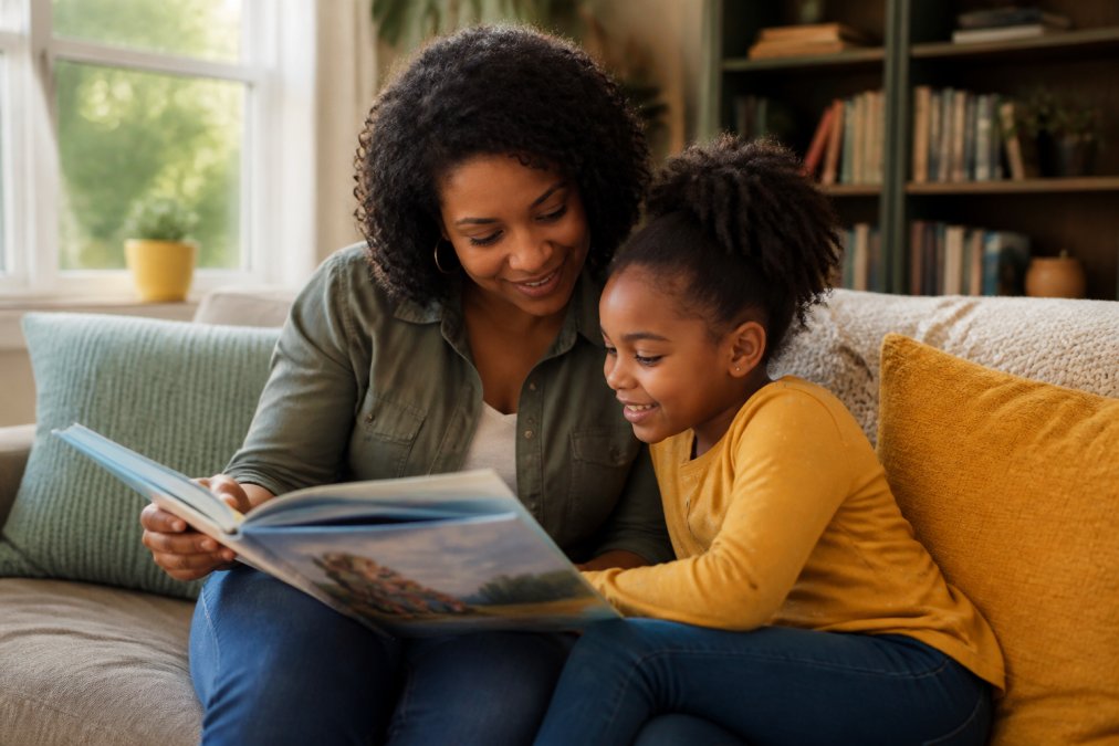Parent and child reading together on a couch, showing how children's books teach life lessons through stories.