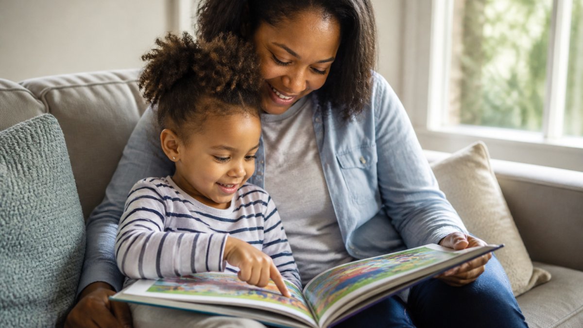 Parent and young child sitting together on a cozy couch, child pointing at colorful illustrations in a picture book while parent smiles warmly, natural afternoon light from nearby window