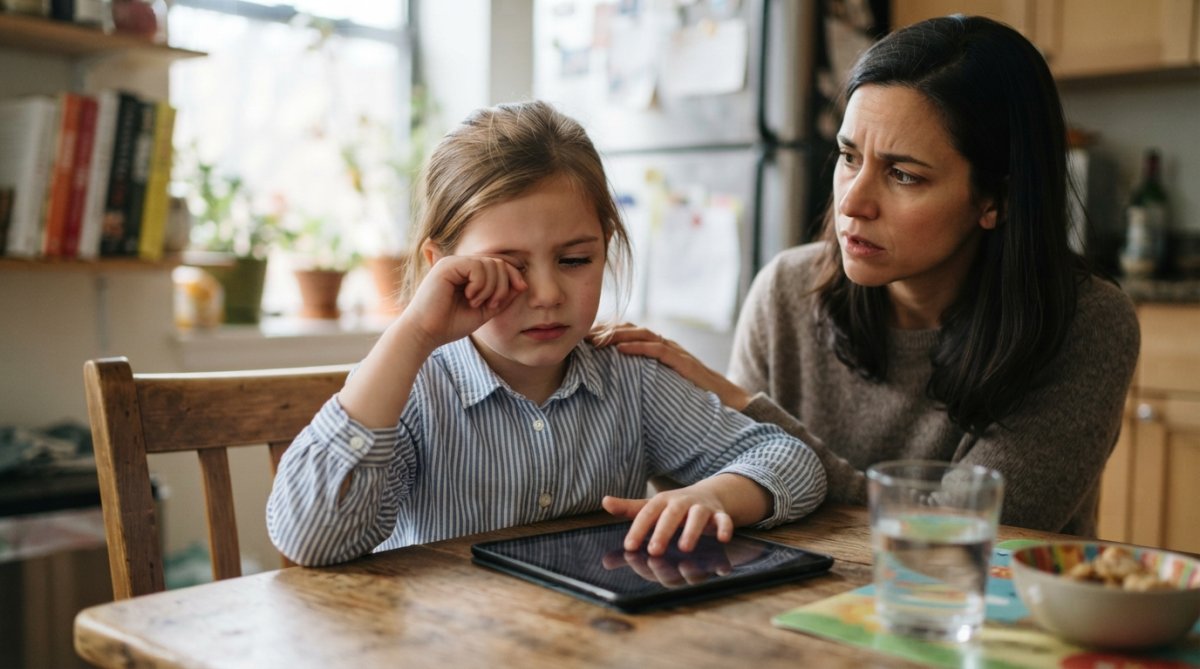 Infographic showing common children's eye strain from tablets symptoms like eye rubbing and discomfort.