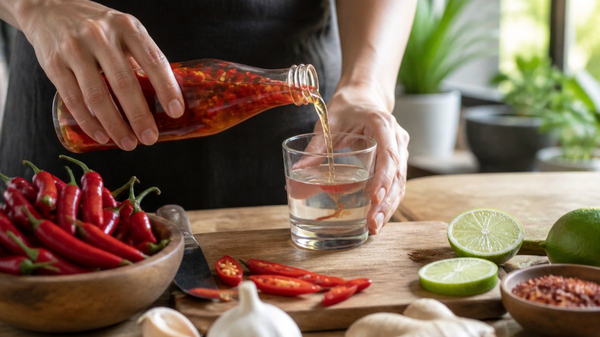 Hands pouring chilli vinegar into a glass of water next to fresh chillies and lime on a wooden counter