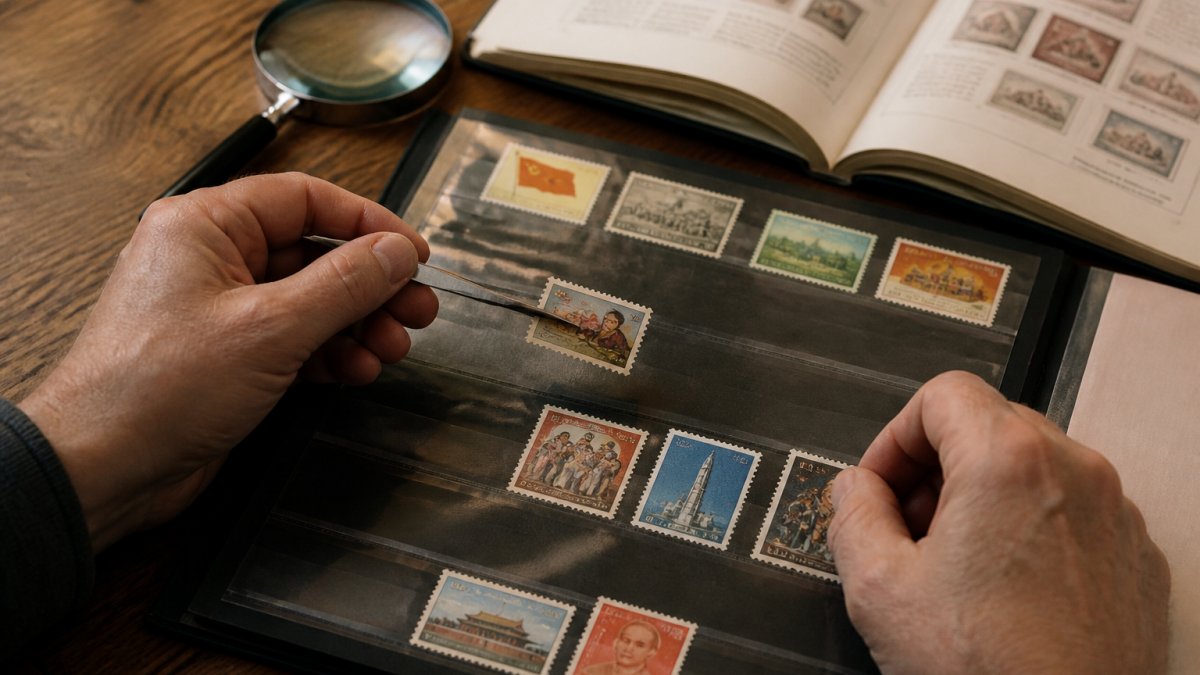 Collector using tongs to place a mint stamp into an album near a magnifying glass and catalog on a desk.