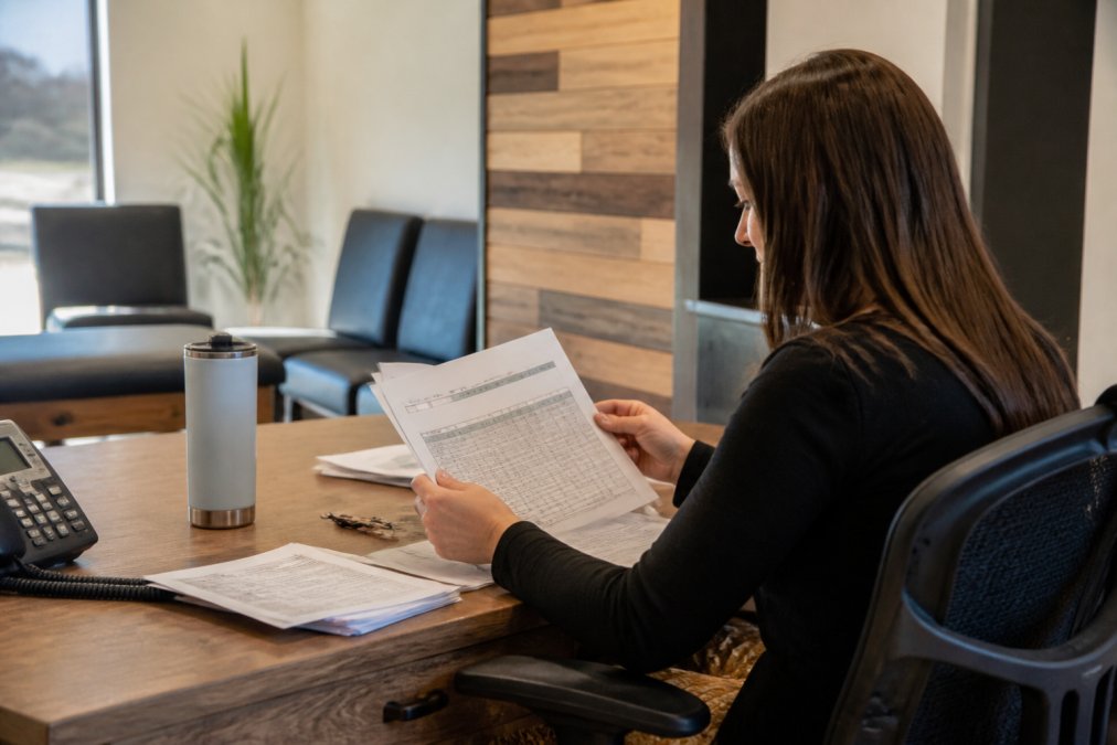 Practice manager reviewing website updates on a computer in a chiropractic clinic office, with multiple location schedules and patient testimonials visible on screen