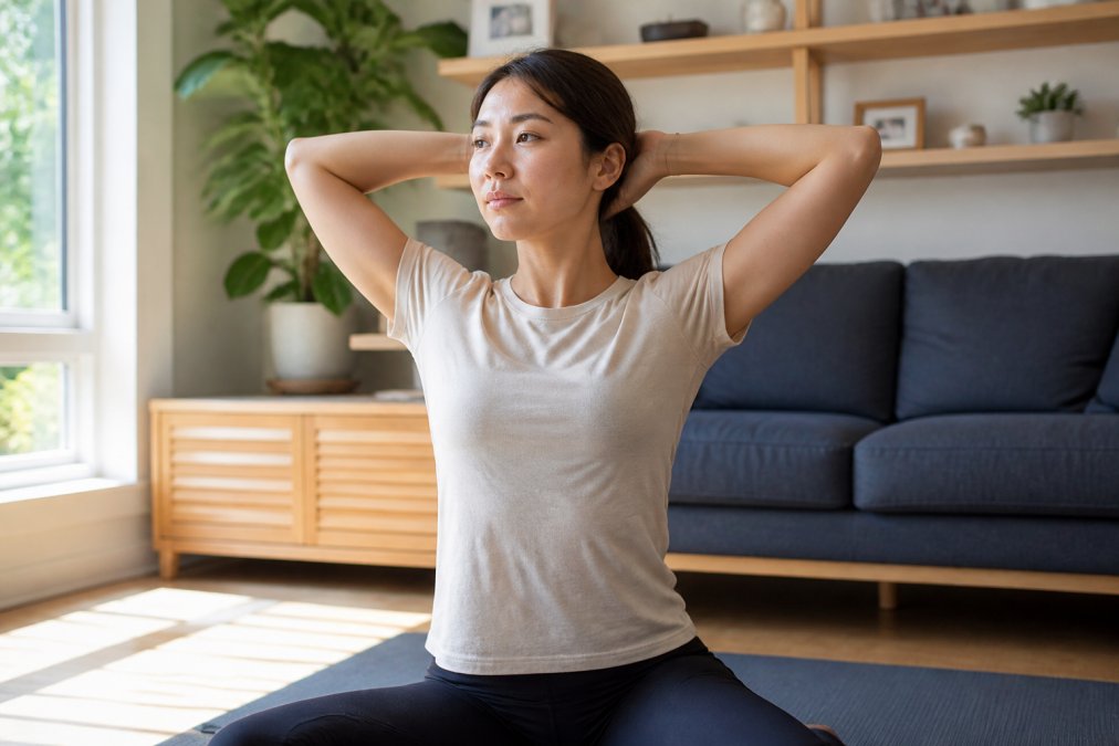 Adult performing a gentle neck stretch at home with hands positioned behind the head and shoulders relaxed, sitting upright in natural morning light from a nearby window