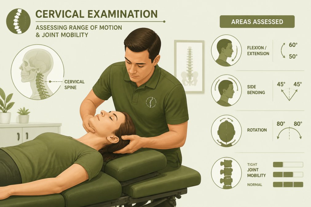 Chiropractor performing cervical examination on patient lying on adjustment table, hands positioned on neck to assess range of motion and joint mobility, modern clinical setting with soft lighting