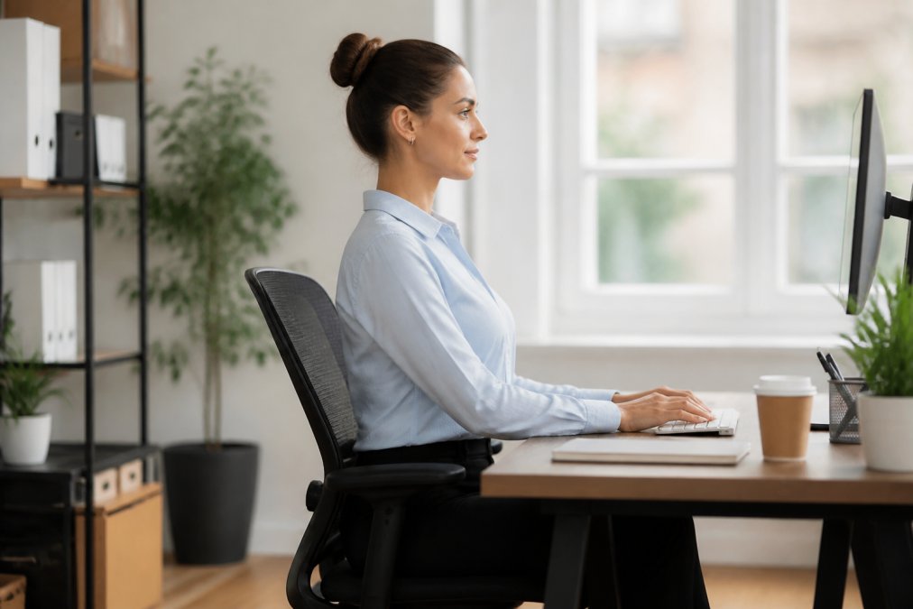 Person sitting at desk with proper ergonomic posture, neck in neutral alignment, shoulders relaxed, computer monitor at eye level, natural office lighting from window