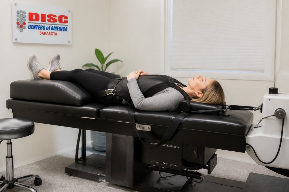 Patient positioned on spinal decompression therapy table with controlled traction equipment visible, showing proper alignment and medical monitoring setup in clinical environment