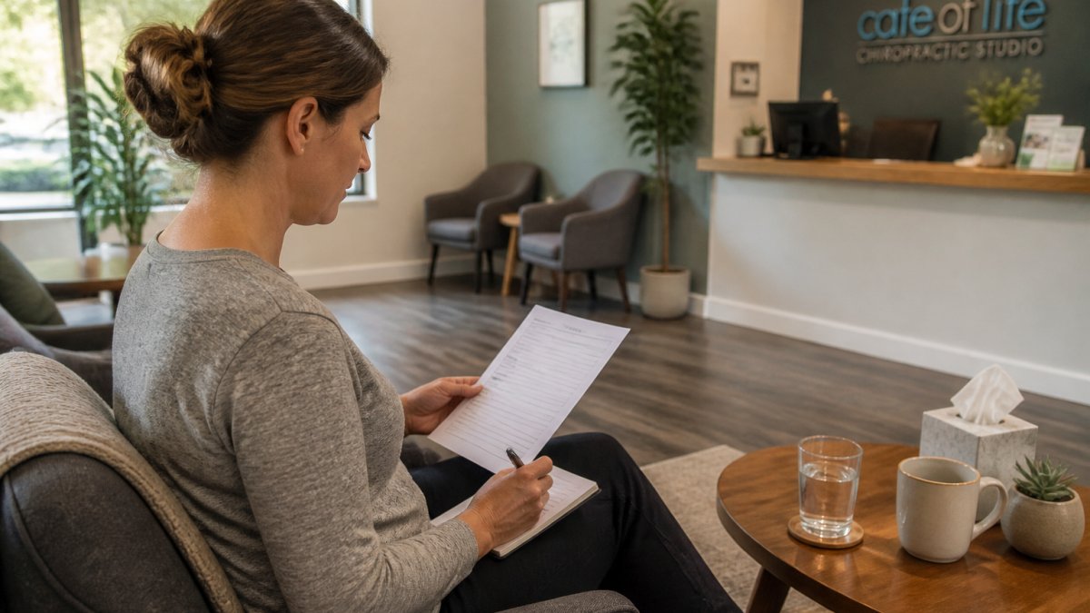 Patient sitting in welcoming chiropractic clinic reception area, holding health intake form and notepad, soft natural lighting through windows, professional calming environment with plants and comfortable seating