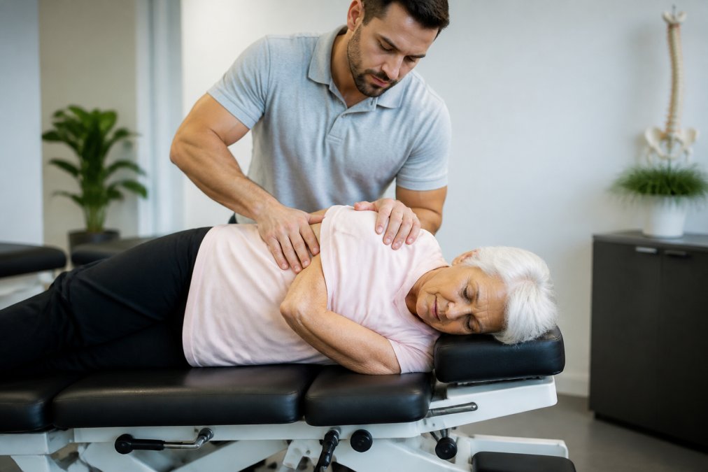 Senior patient lying on a chiropractic adjustment table while a licensed chiropractor performs a gentle hands-on spinal manipulation using low-force technique in a modern clinical setting with soft lighting