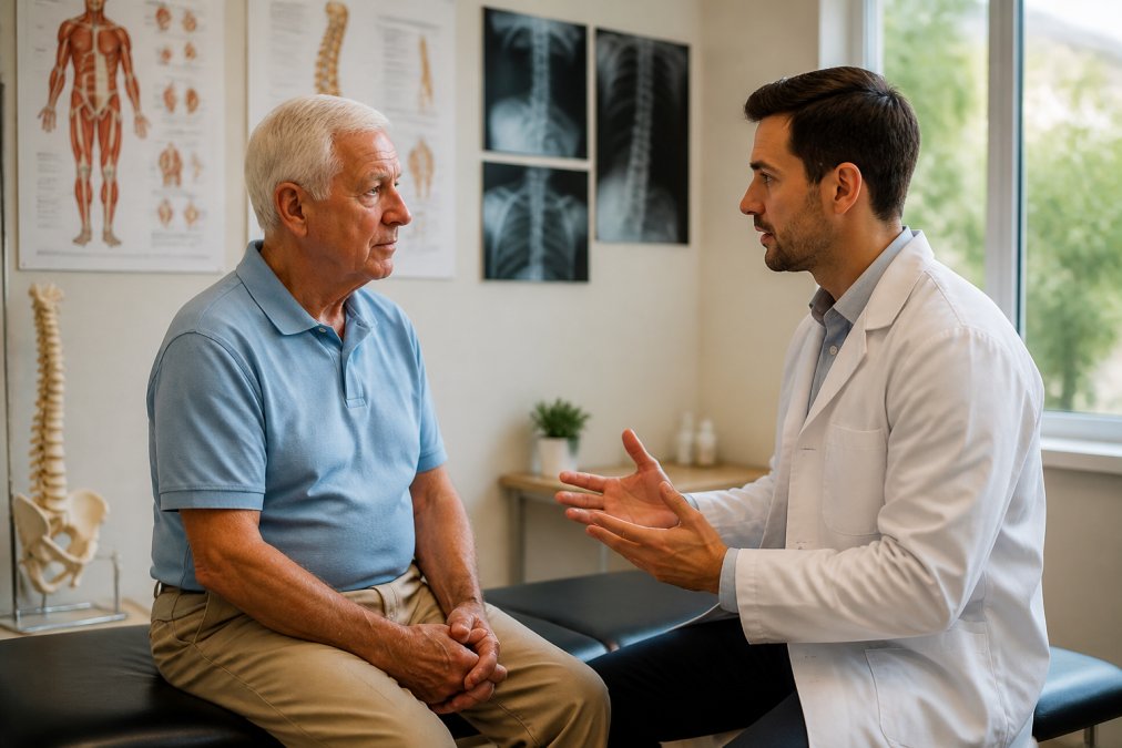 Older adult discussing medical history and symptoms with a chiropractor in a clinical consultation room with anatomical spine charts and x-ray images on the walls, natural lighting from windows