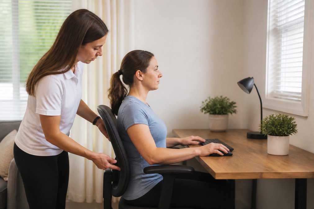 Professional using an ergonomic desk setup to prevent stress headaches requiring chiropractic adjustments