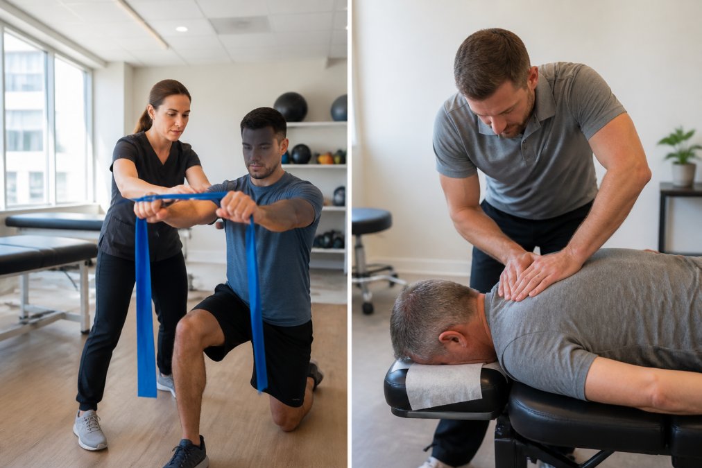Physical therapist instructing patient through corrective exercises using resistance bands and proper form guidance in bright clinical rehabilitation setting with natural light