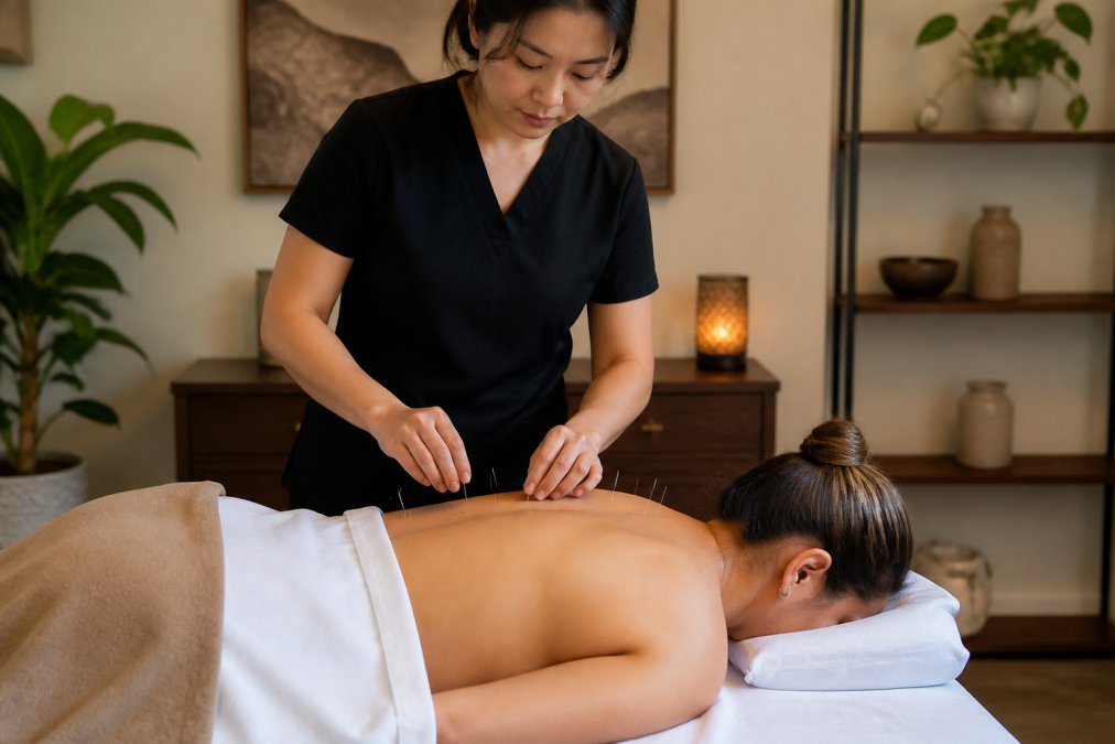 Acupuncturist preparing patient for treatment in calm, peaceful clinic environment with soft lighting, comfortable treatment table, and traditional wellness decor