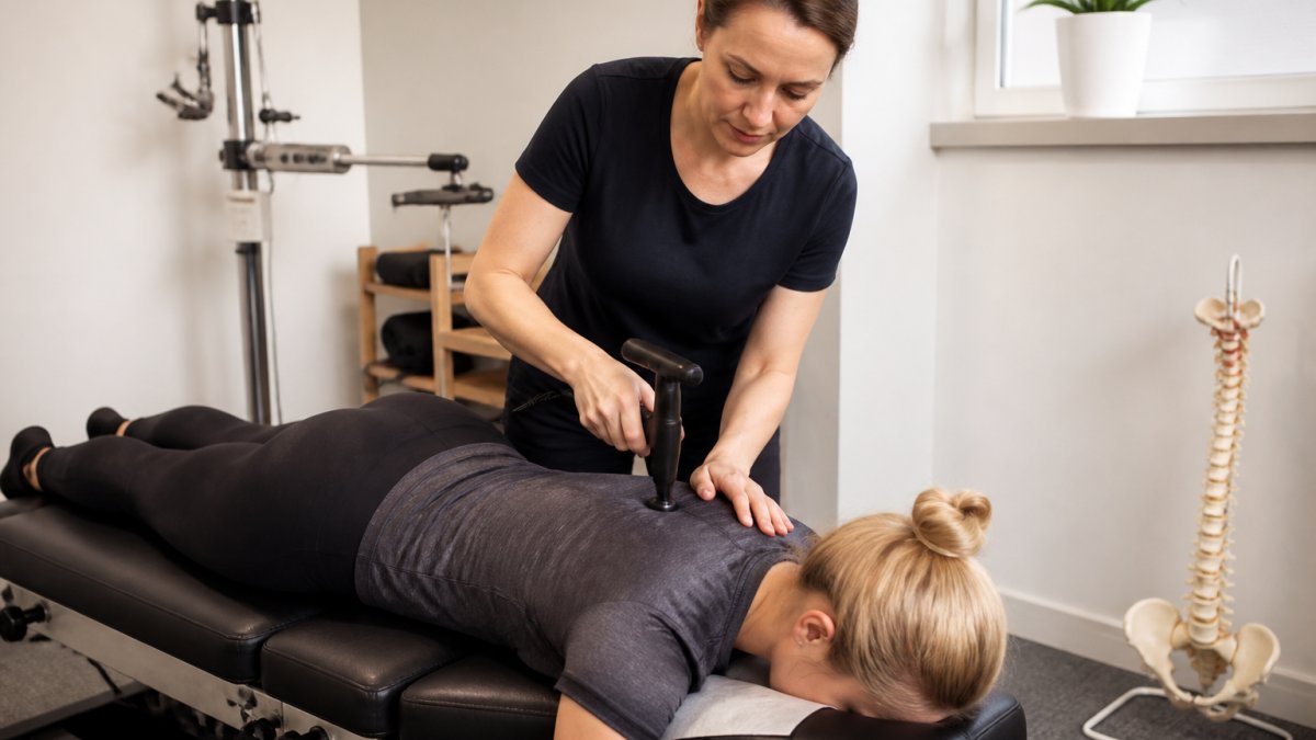 Chiropractor performing detailed spinal assessment on patient lying on examination table with advanced diagnostic equipment visible in modern clinic setting