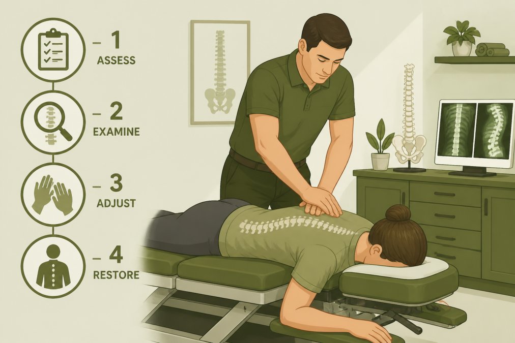 Chiropractor performing hands-on spinal examination on patient lying face-down on treatment table in modern clinical setting with soft lighting and medical equipment visible
