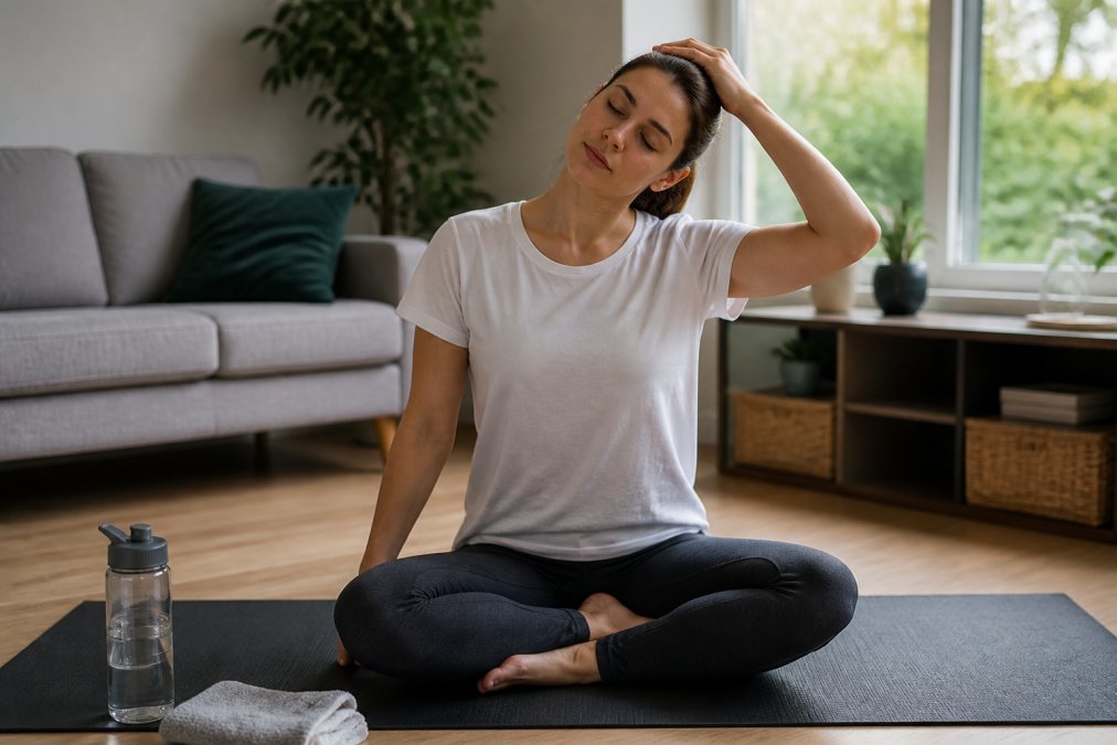 Person sitting on exercise mat at home performing gentle neck stretches with proper posture, natural window lighting illuminating calm living space with wellness focus