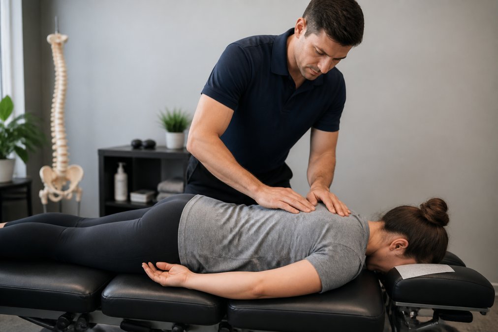 Chiropractor performing detailed spinal examination on patient lying face-down on treatment table, carefully palpating cervical and thoracic vertebrae in modern clinical setting with soft overhead lighting