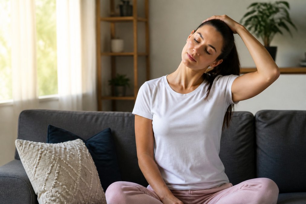 Patient at home performing therapeutic neck stretching exercises while seated on couch, demonstrating proper posture with hands gently supporting head position, warm natural light from window
