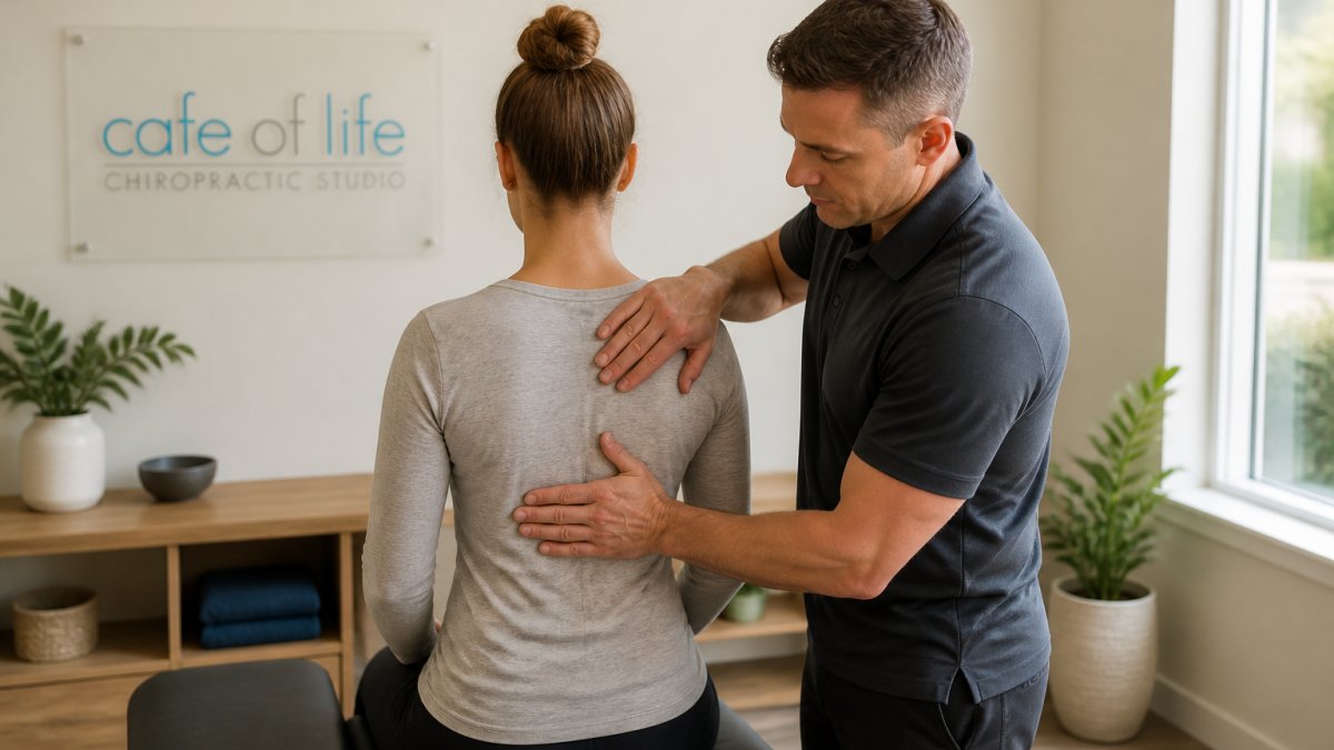 Chiropractor gently assessing a patient's spine during chiropractic care for chronic fibromyalgia in a bright clinic
