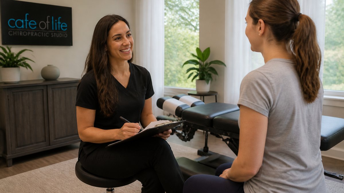 A chiropractor in a bright, welcoming clinic speaking with a seated adult patient, taking notes on a clipboard during an initial consultation, with a treatment table visible in the background