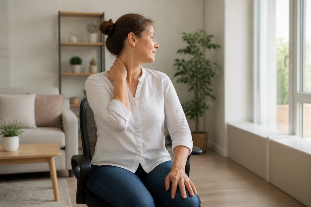 Adult performing gentle neck stretch at home seated in ergonomic chair, head turned to side with relaxed posture, natural window lighting in modern living space