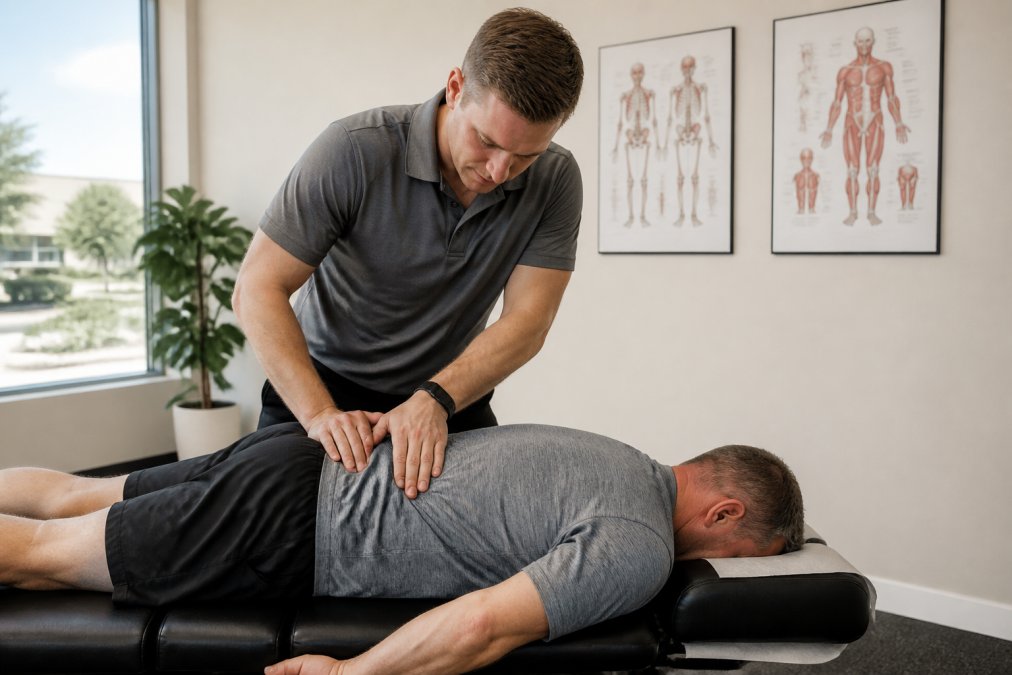 A licensed chiropractor performing a gentle spinal adjustment on a middle-aged patient lying face-down on a treatment table in a bright, clean clinic room with anatomical charts on the wall