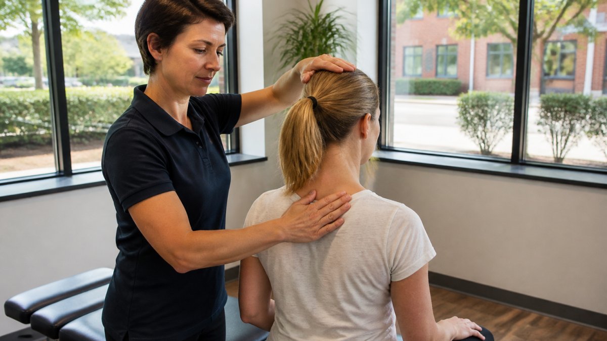 Chiropractor performing gentle spinal assessment on adult patient in modern clinic room with warm natural light from large windows