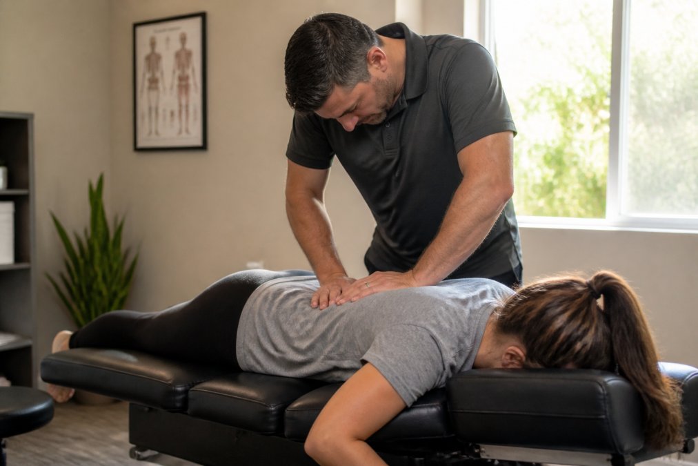 Chiropractor performing spinal adjustment on patient lying face-down on adjustment table in clinical setting with natural window lighting