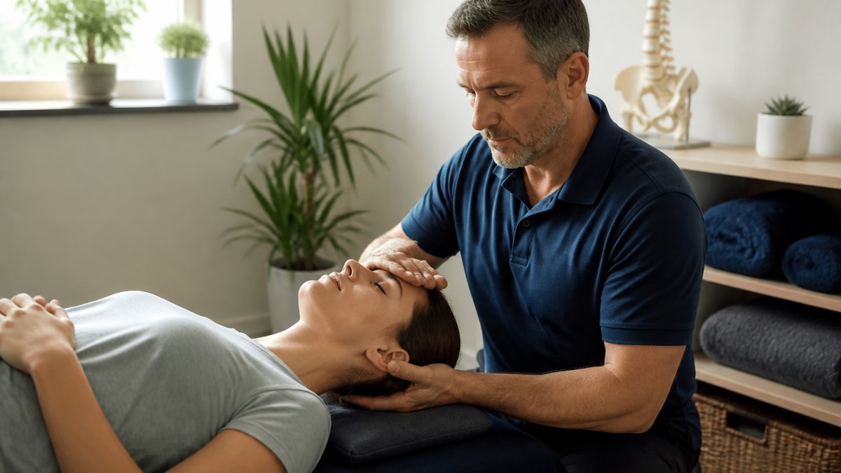 Professional chiropractor performing gentle neck assessment and treatment on patient in calm, well-lit clinical setting with soft lighting and comfortable treatment table