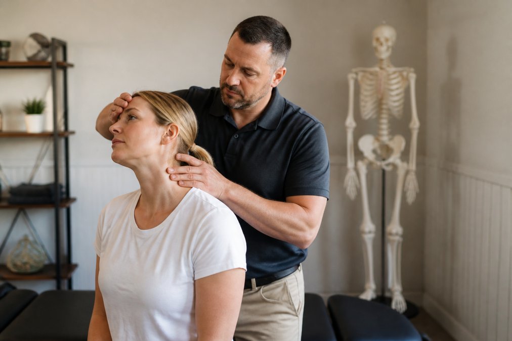 Professional chiropractor performing cervical spine assessment and evaluation on patient in clinical setting