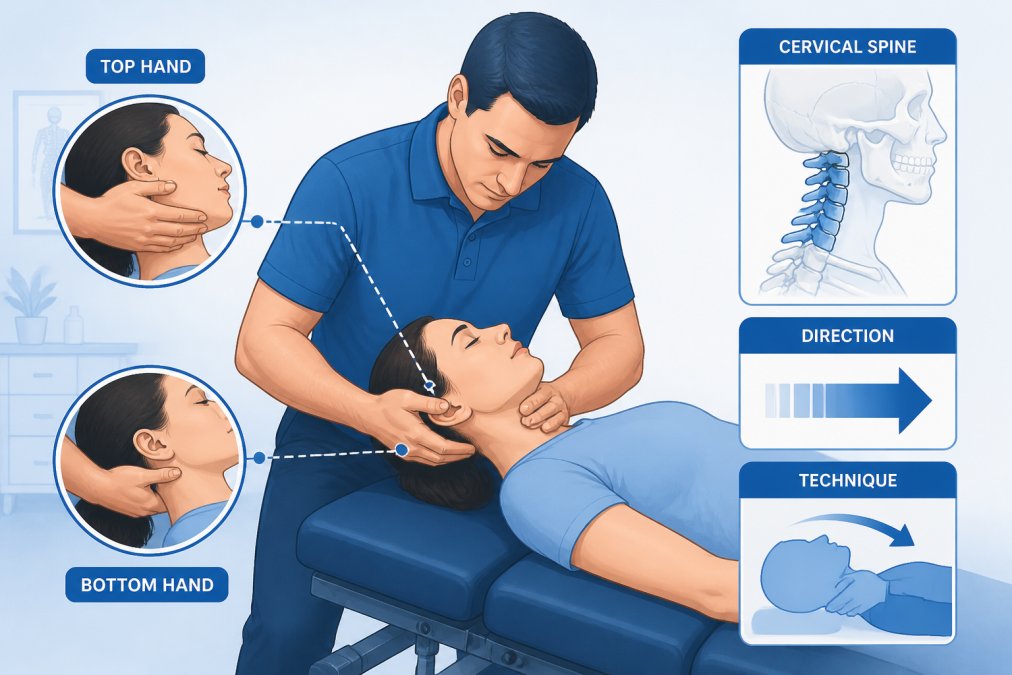 Chiropractor performing cervical spine adjustment on patient lying on treatment table, demonstrating proper hand positioning and technique in clinical setting