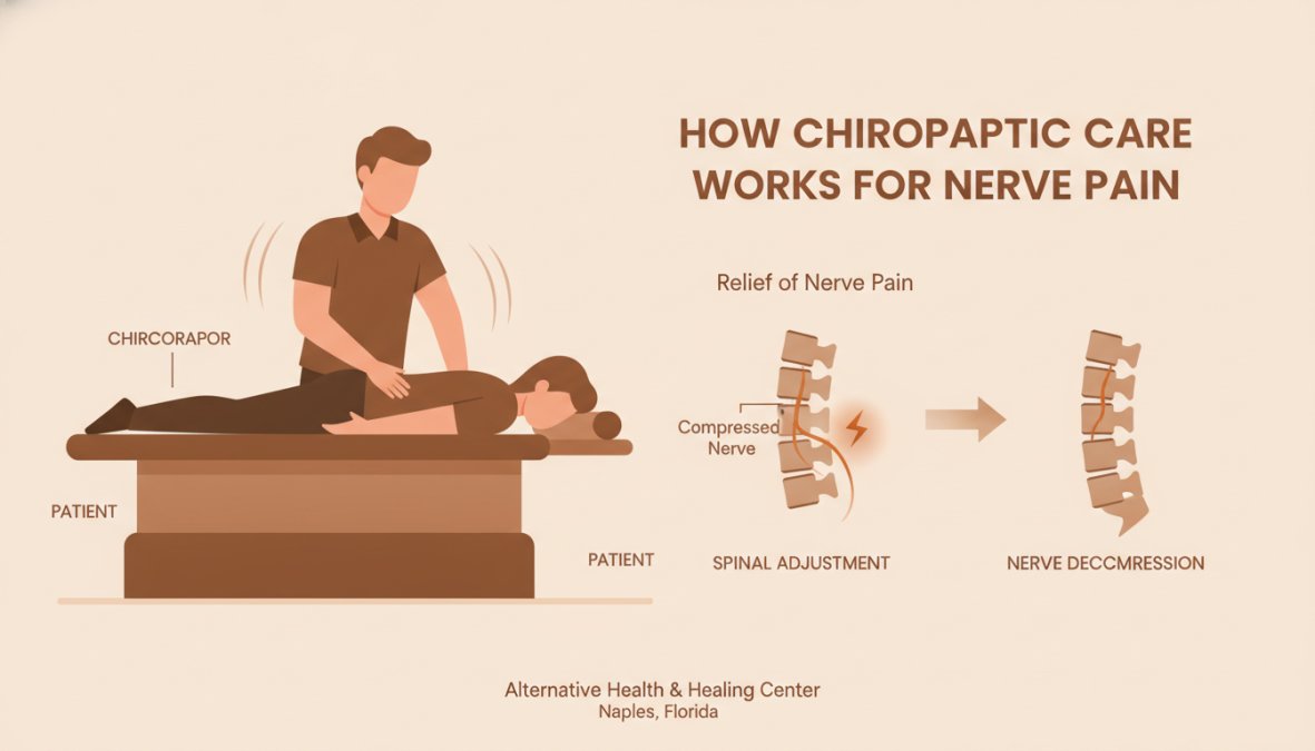 Professional illustration showing chiropractic care for nerve pain